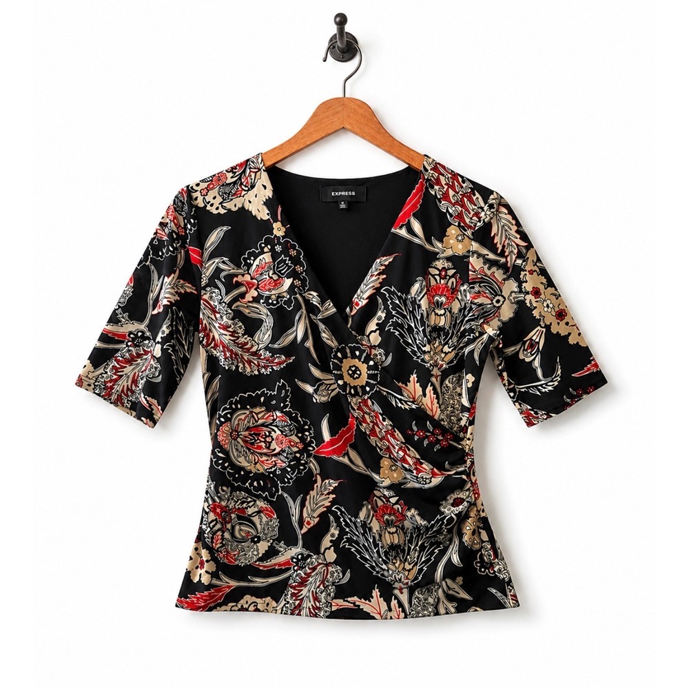 Jones Wear Black Floral Wrap Style‎ Blouse Size Small V-Neck Ruched Side